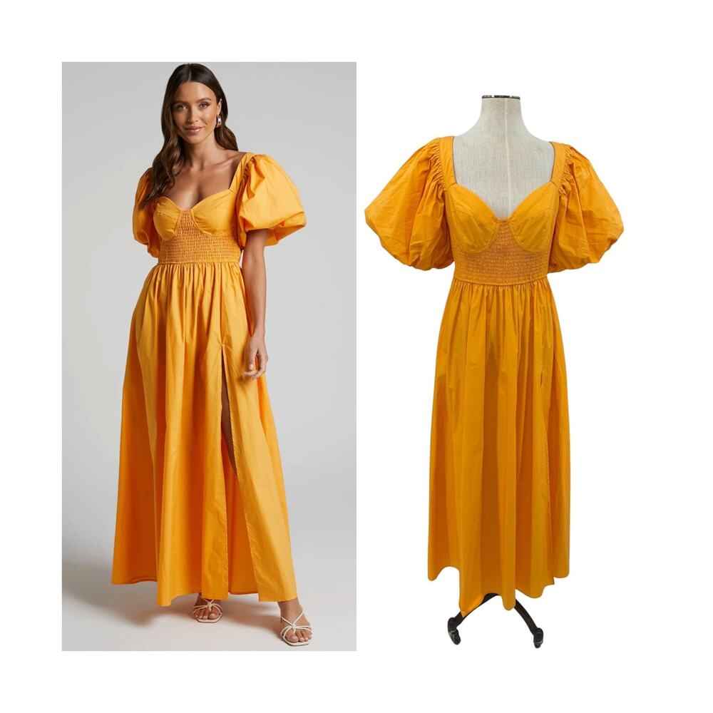 Showpo Raiza Shirred Waist Puff Sleeve Cotton Midi Dress Marigold US Size 8